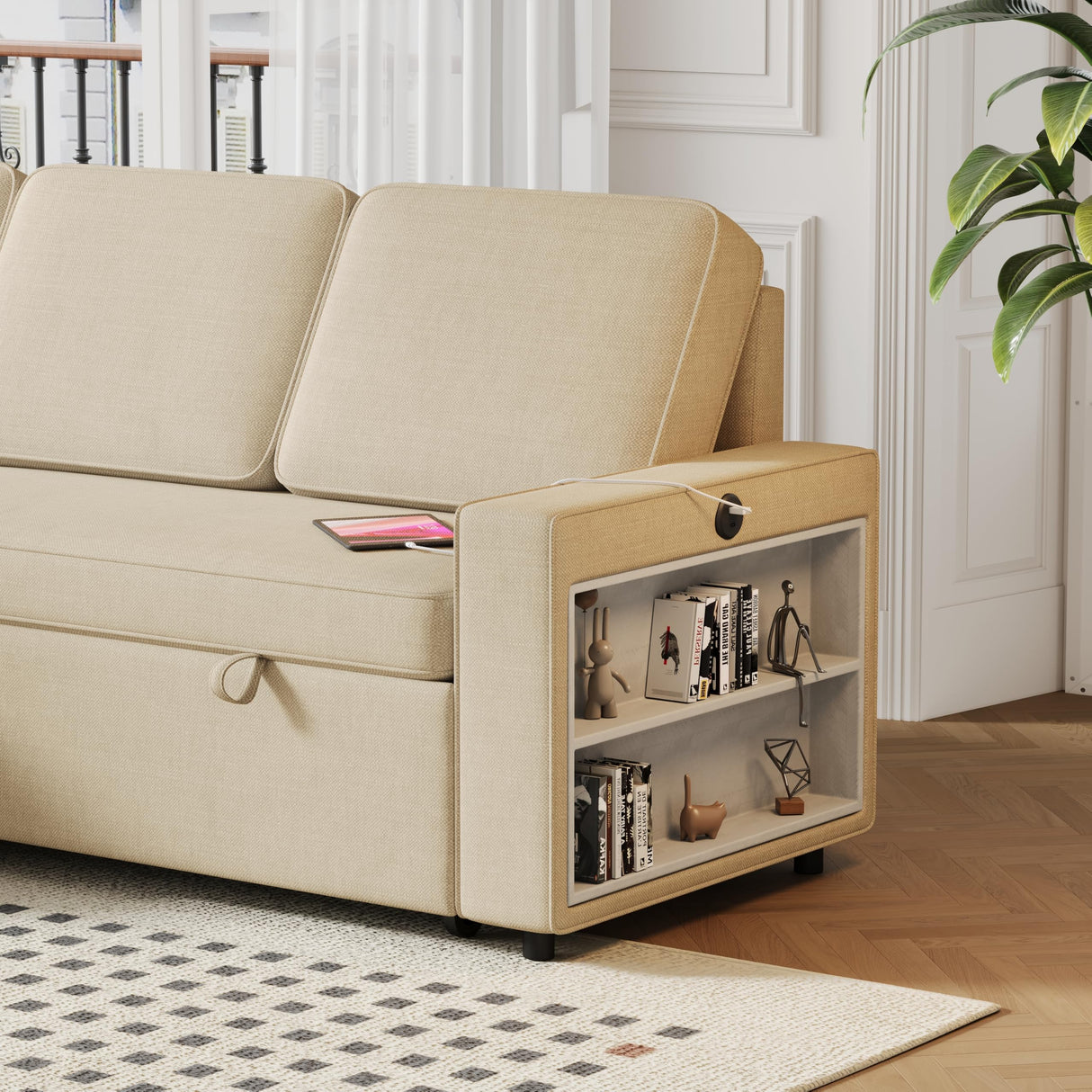 Sectional Sofa Couch, 86" Sleeper Sofa Bed with Storage Racks & Pull Out Sleeper