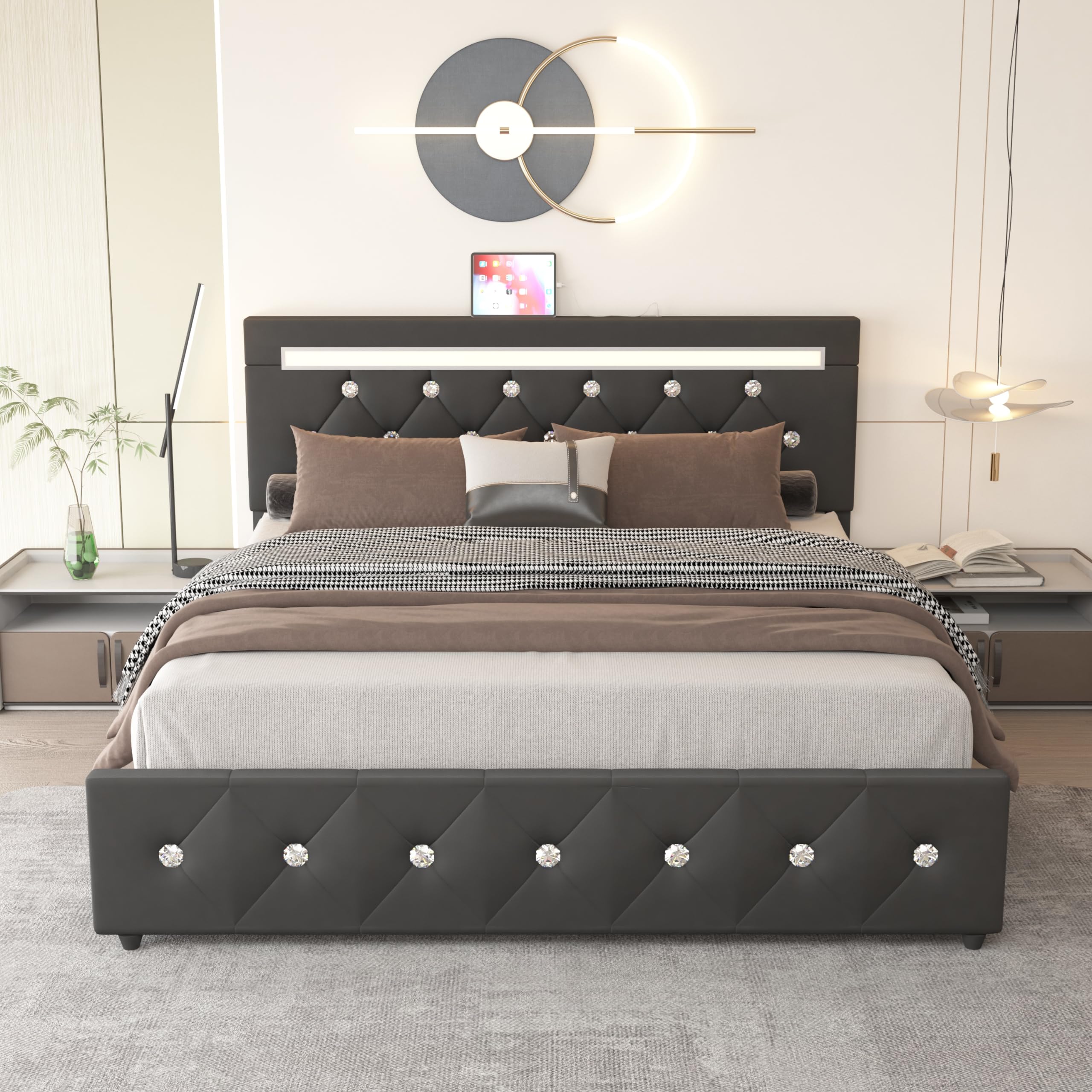 Full Size Bed Frame with 4 Drawers and LED Adjustable Headboard