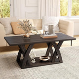 Farmhouse Coffee Table with Shelf, Wood Coffee Table for Living Room, Open Display Area