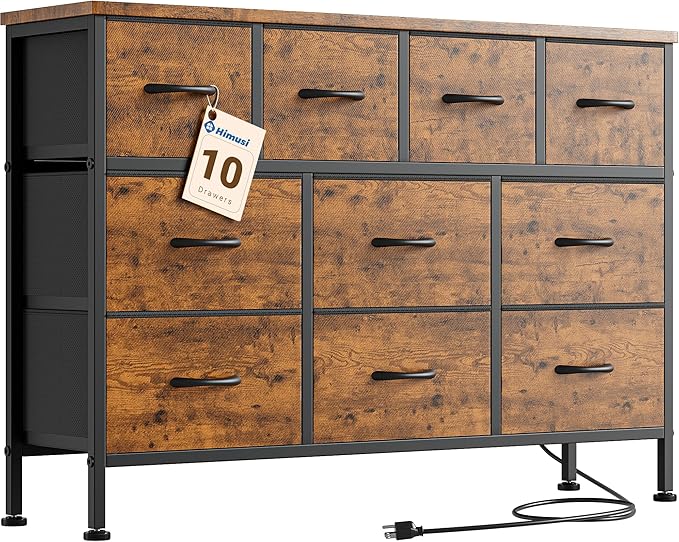 Black Dresser for Bedroom with Charging Station and 10 Drawers, Large Fabric Chest