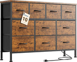 Black Dresser for Bedroom with Charging Station and 10 Drawers, Large Fabric Chest