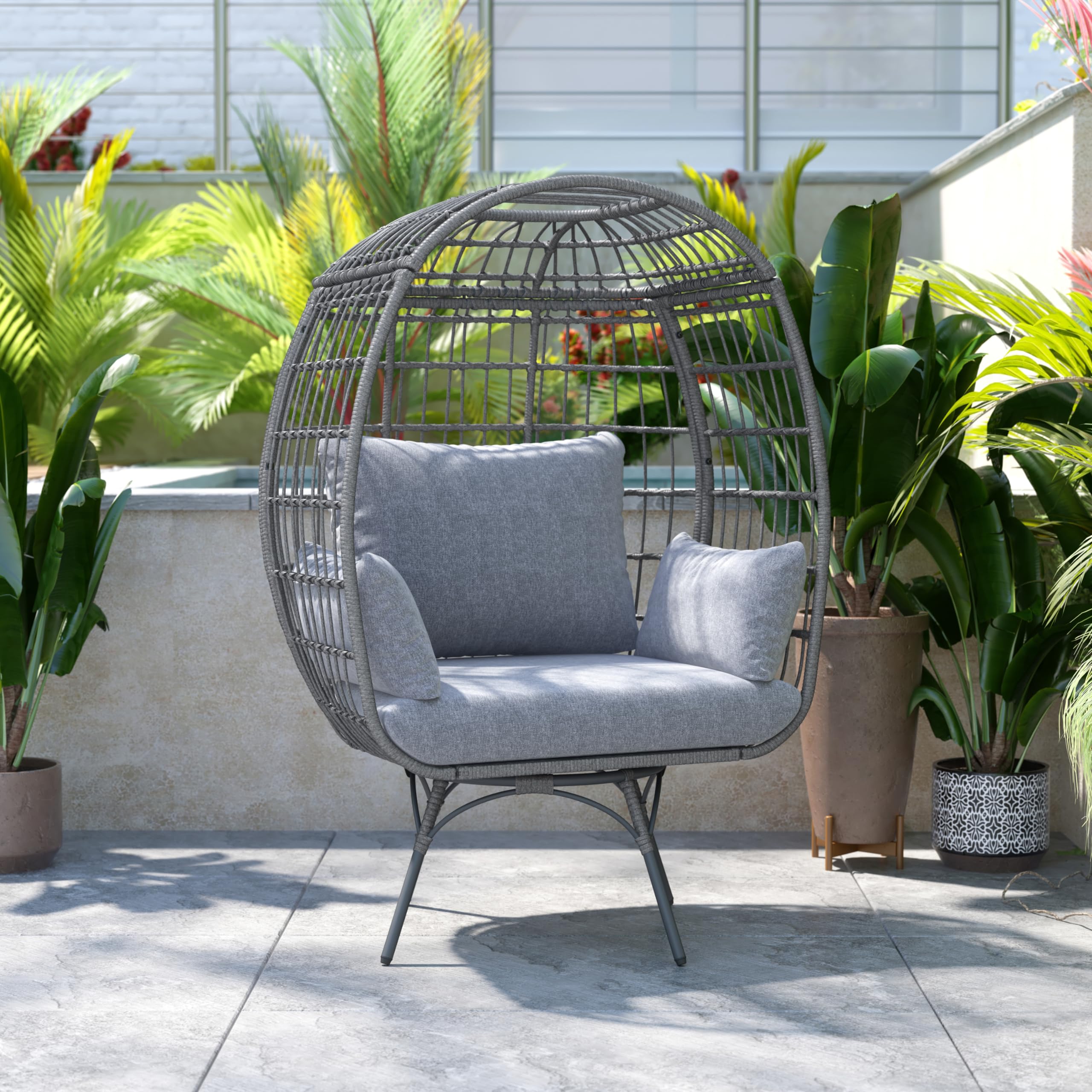 Commercial Indoor/Outdoor Swivel Lounge Chair, Oversized Wicker Egg Chair, 360 Degree Swivel, High Back, 4 Cushions, Gray
