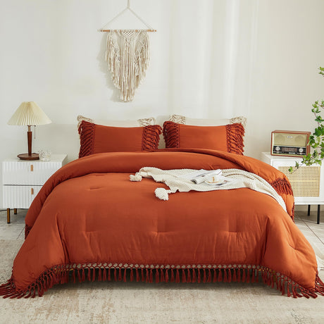 Queen Comforter Set Burnt Orange, 3 Pieces Boho Terracotta Lightweight Fall Bedding