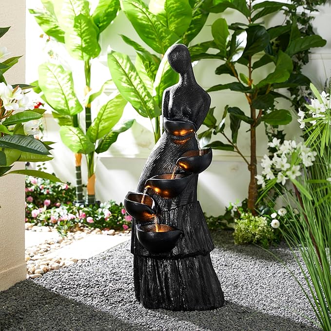 4-Tier Oversized Peacock Sculpture with Jars Outdoor Water Fountain with LED Light
