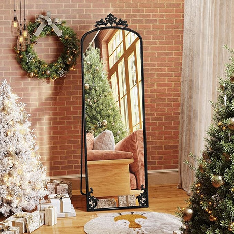 Full Length Mirror with Stand, Full Body Floor Mirror with Silver Carved Decor, Arched Standing Mirror Hanging or Leaning for Wall Living Room Entryway Bedroom