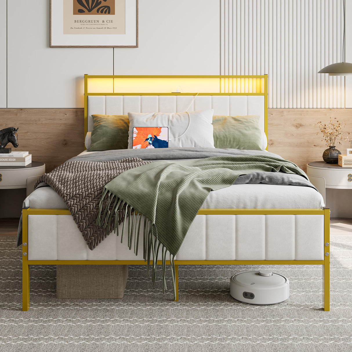 Full Size Bed Frame with Headboard & LED Lights,Upholstered Platform Bed Frame Full Size with Charging Station