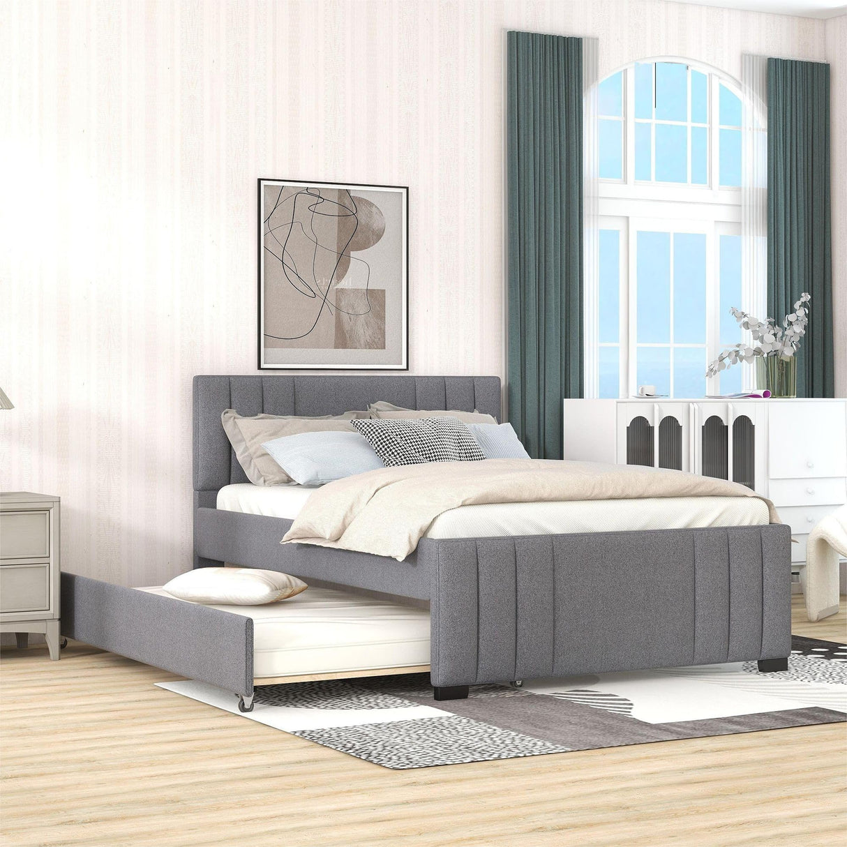Platform Bed with Trundle, Modern Design and Tufted Linen, Grey