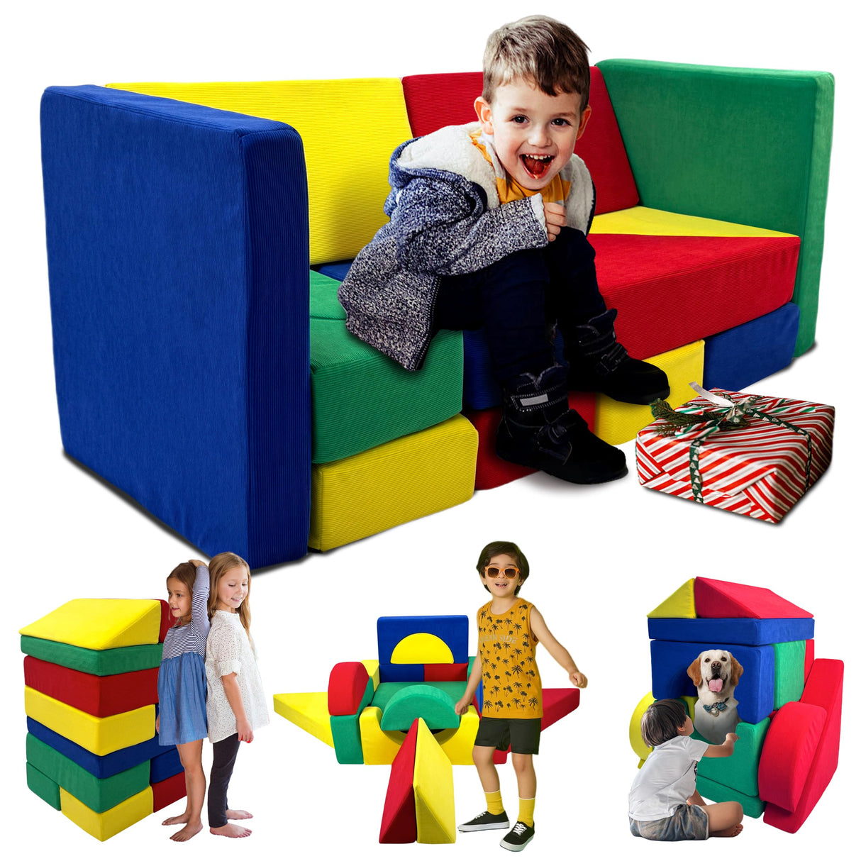 Kids Play Couch for Children, Kids Couch, Nugget Couch, Toddler Couch for 1000+ Building Options, Toddlers Floor Sofa W/Corduroy Cover + High Density Convertible Foam Cushions