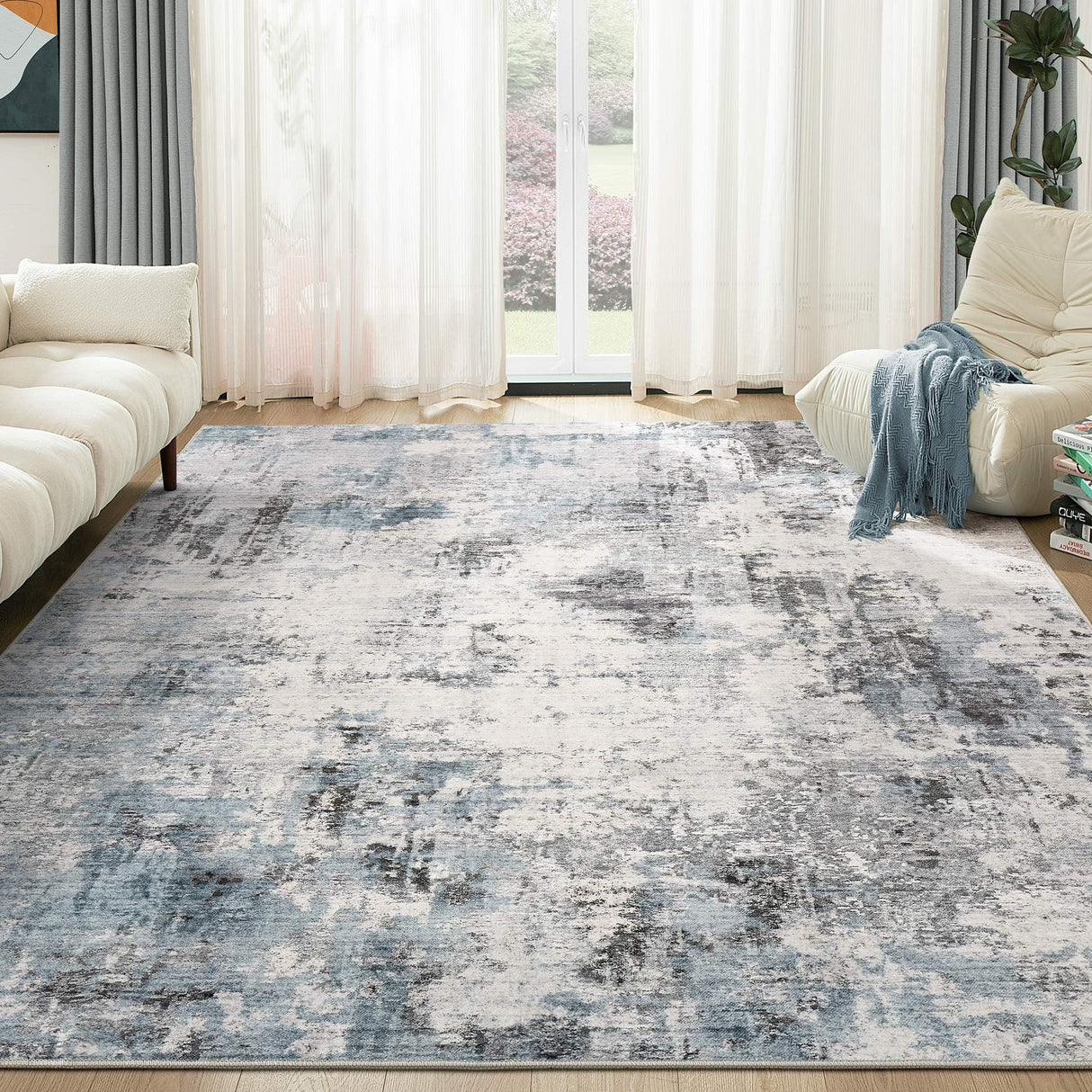 TARANCH Washable Rug 8x10 Area Rugs: Modern Abstract Neutral Soft Large Rug for Living Room Bedroom Dining Room Under Kitchen Table Home Office Decor - Grey Blue