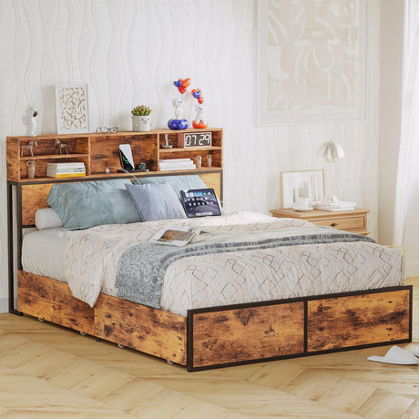 Queen Bed Frame with 4 Storage Drawers & Bookcase Headboard & Charging Station,