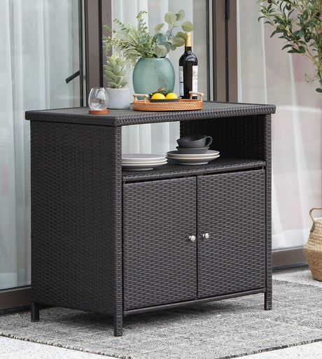 Wicker Storage Cabinet Outdoor Waterproof Prep and Bar Table with Two Doors