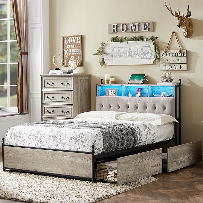 King Bed Frame with Storage Upholstered Headboard and 4 Drawers, Farmhouse Metal