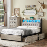 King Bed Frame with Storage Upholstered Headboard and 4 Drawers, Farmhouse Metal