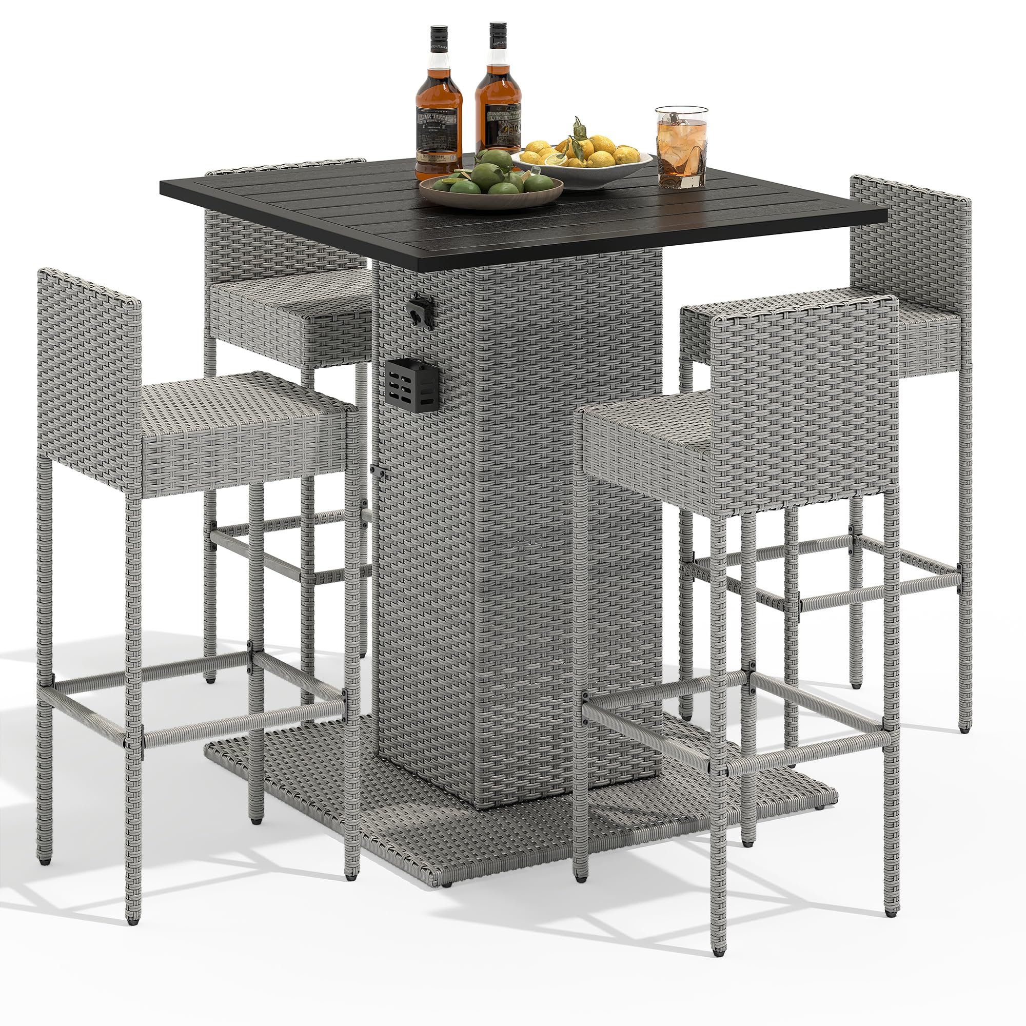 5-Piece Outdoor Furniture Wicker Bar Set with Built-in Bottle Opener