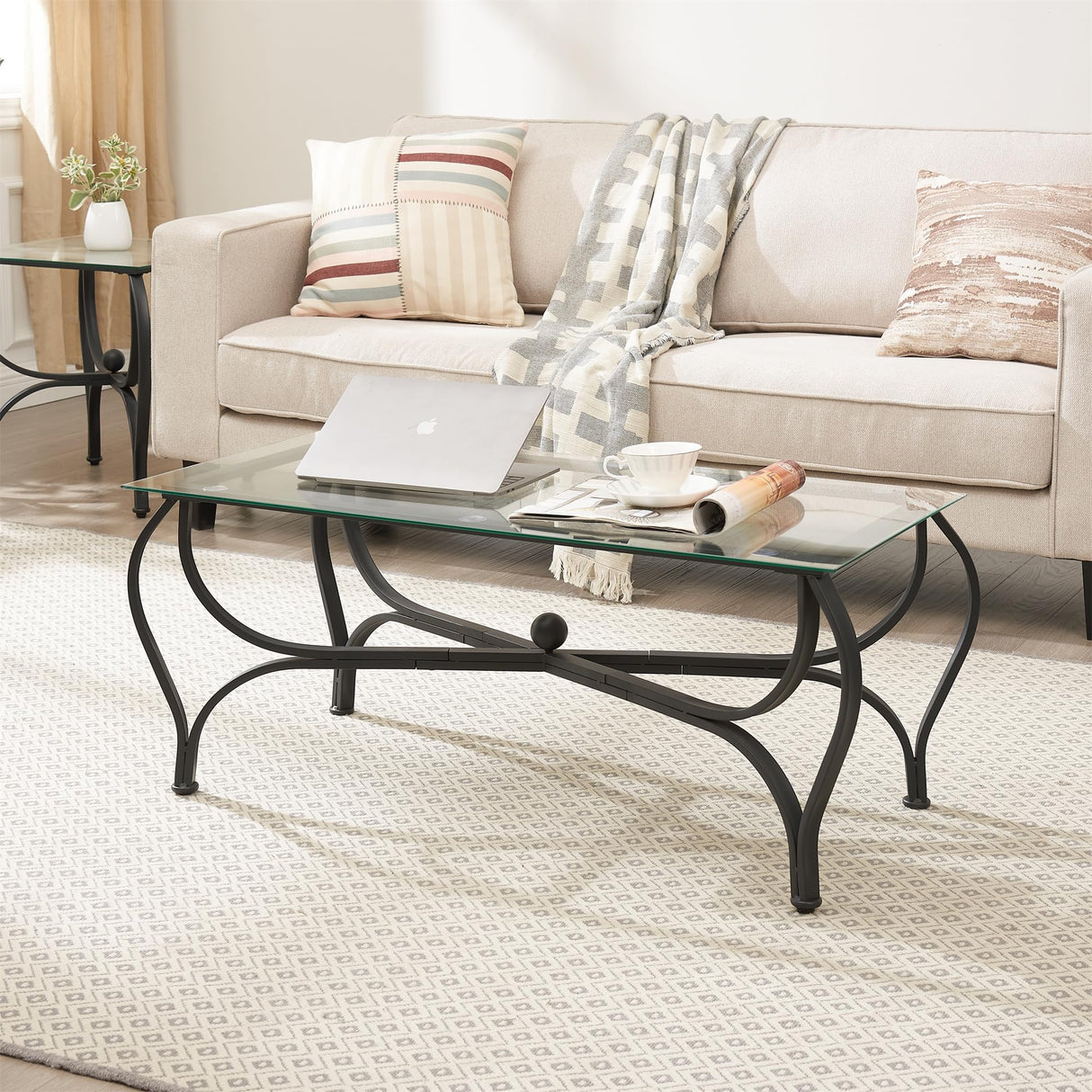 Tempered Glass Coffee Table Set of 3: Industrial Farmhouse Rectangle table