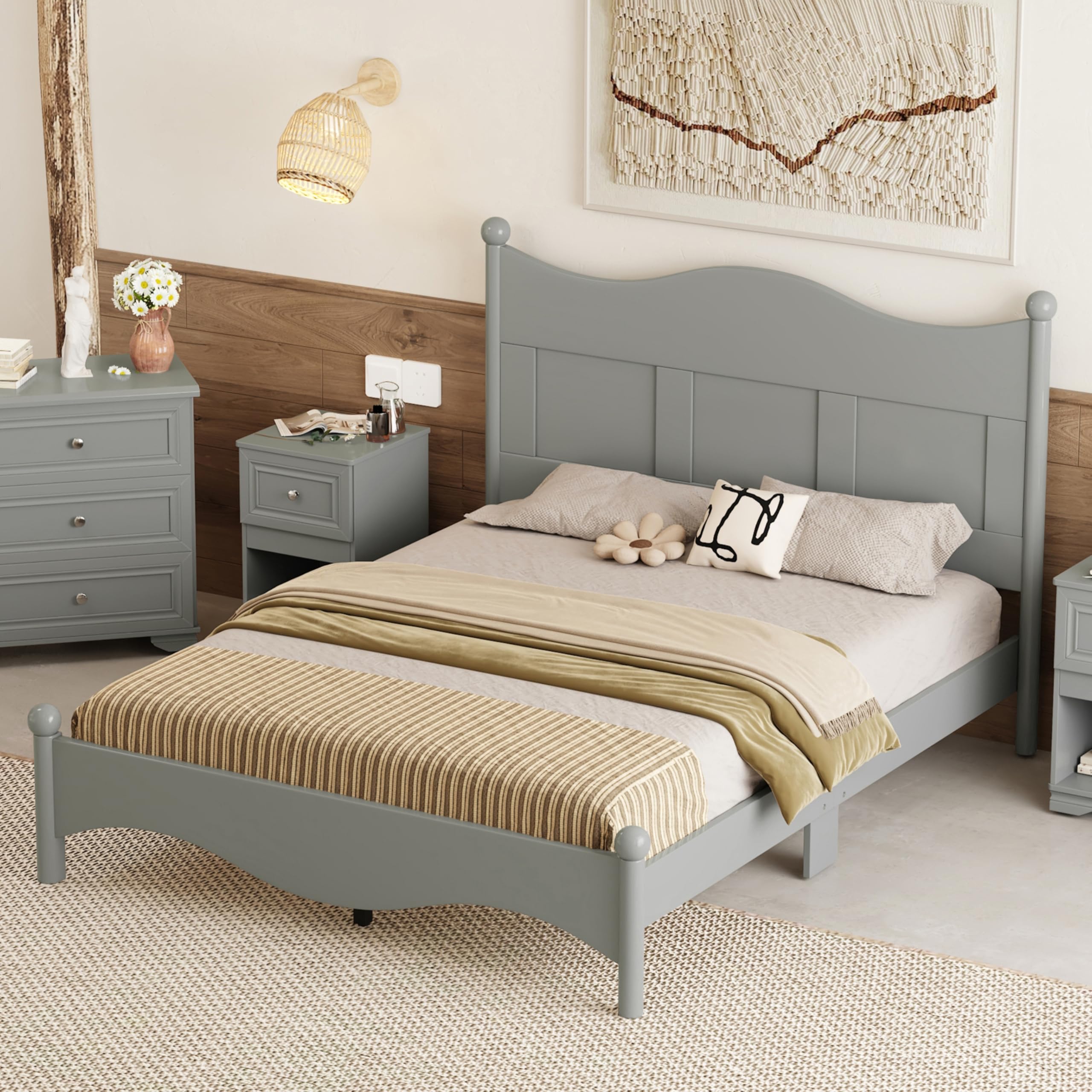Queen Size Wood Bed, Retro Platform Bed Frame with Victorian Headboard & Footboard