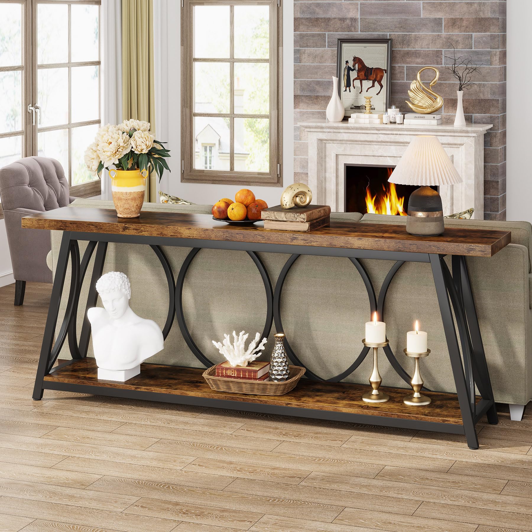 70.9 inch Extra Long Console Table, Industrial Sofa Table Behind Couch with 2 Tier Storage Shelf