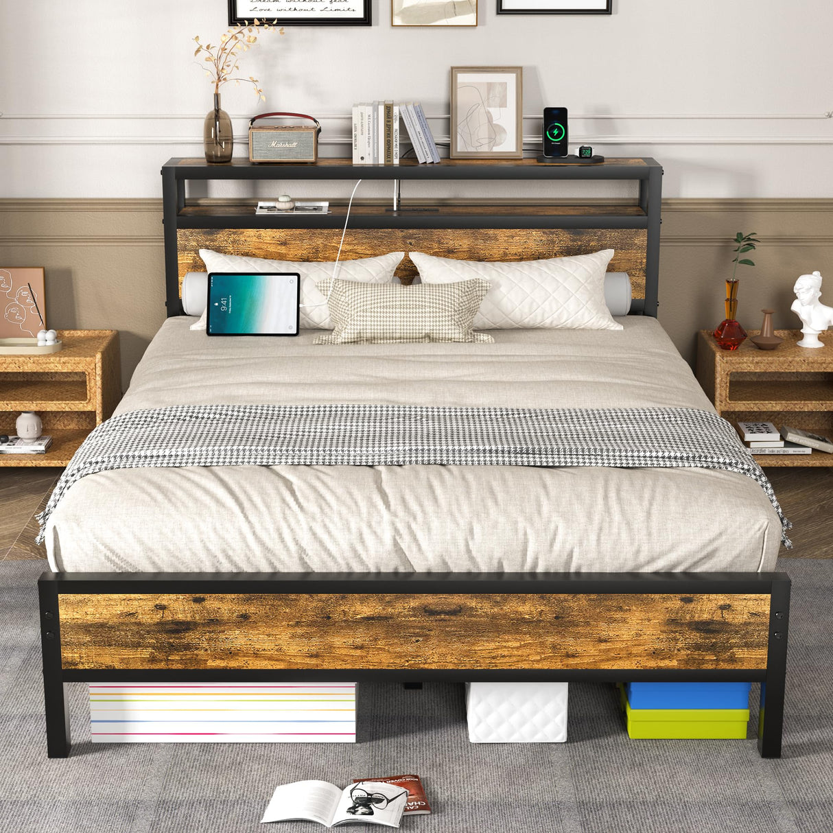 Full Bed Frame with Charging Station Headboard, Platform Bed with 2-Tier Storage Shelf,