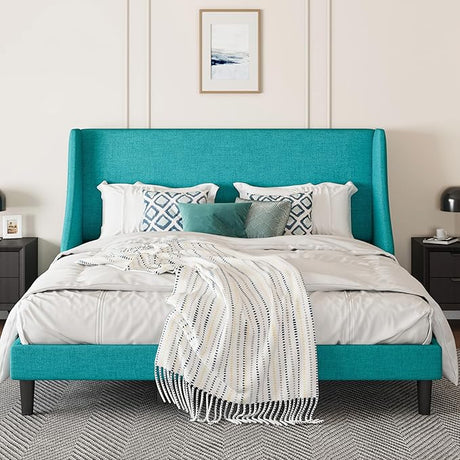 Upholstered Bed Frame Queen Size with Streamlined Wingback Headboard,