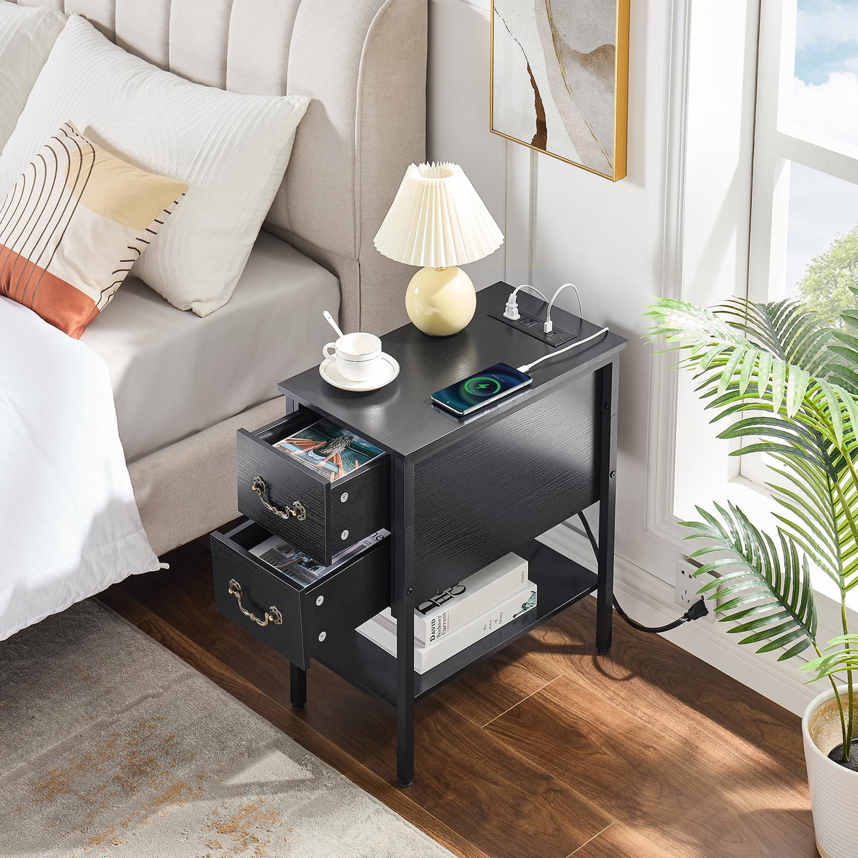 End Tables,Narrow Nightstands with Charging Station & USB Ports &Drawers