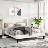 Full Size Bed Frame with Wingback Headboard Upholstered Platform Beds Beige Velvet