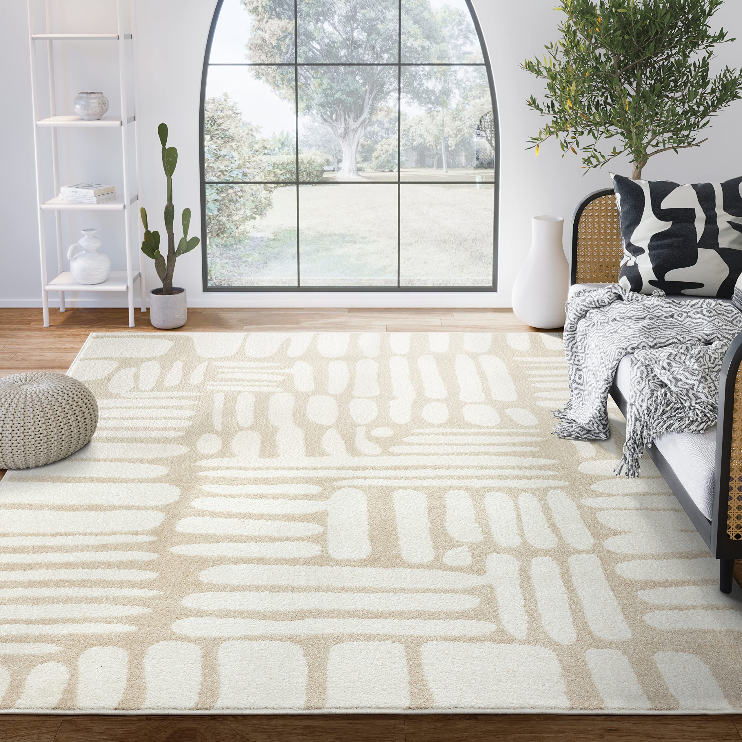 Abani Nuevo Collection Area Rug - Neutral Beige/Cream Abstract Design - 6'x9' - Easy to Clean - Durable for Kids & Pets - Non-Shedding - Medium Pile - Soft Feel - for Living Room, Bedroom & Office