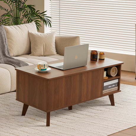 Wooden Fluted Lift Top Coffee Table with Hidden Compartment