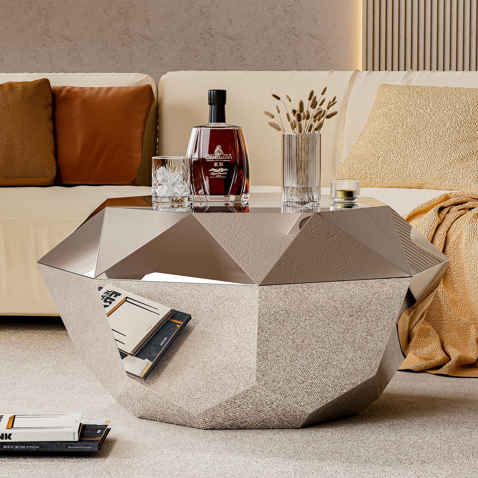 Modern Silver Stainless Coffee Table, Small Diamond Fashion Design