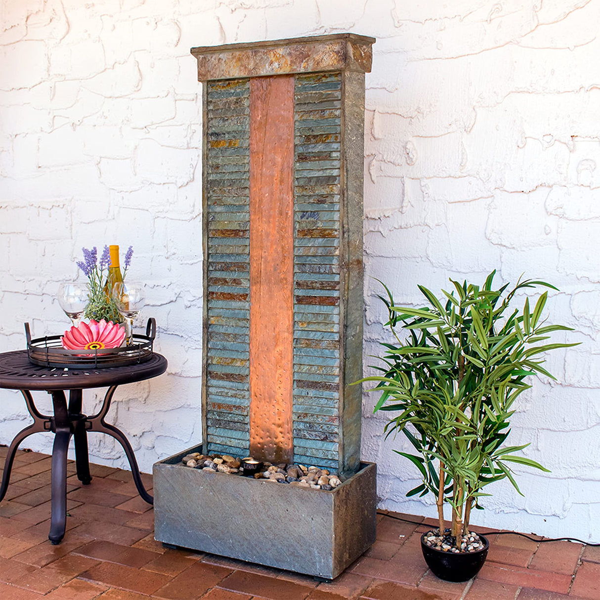 Rippled Slate 48-inch Outdoor Water Fountain - Outdoor Water Feature with LED Light