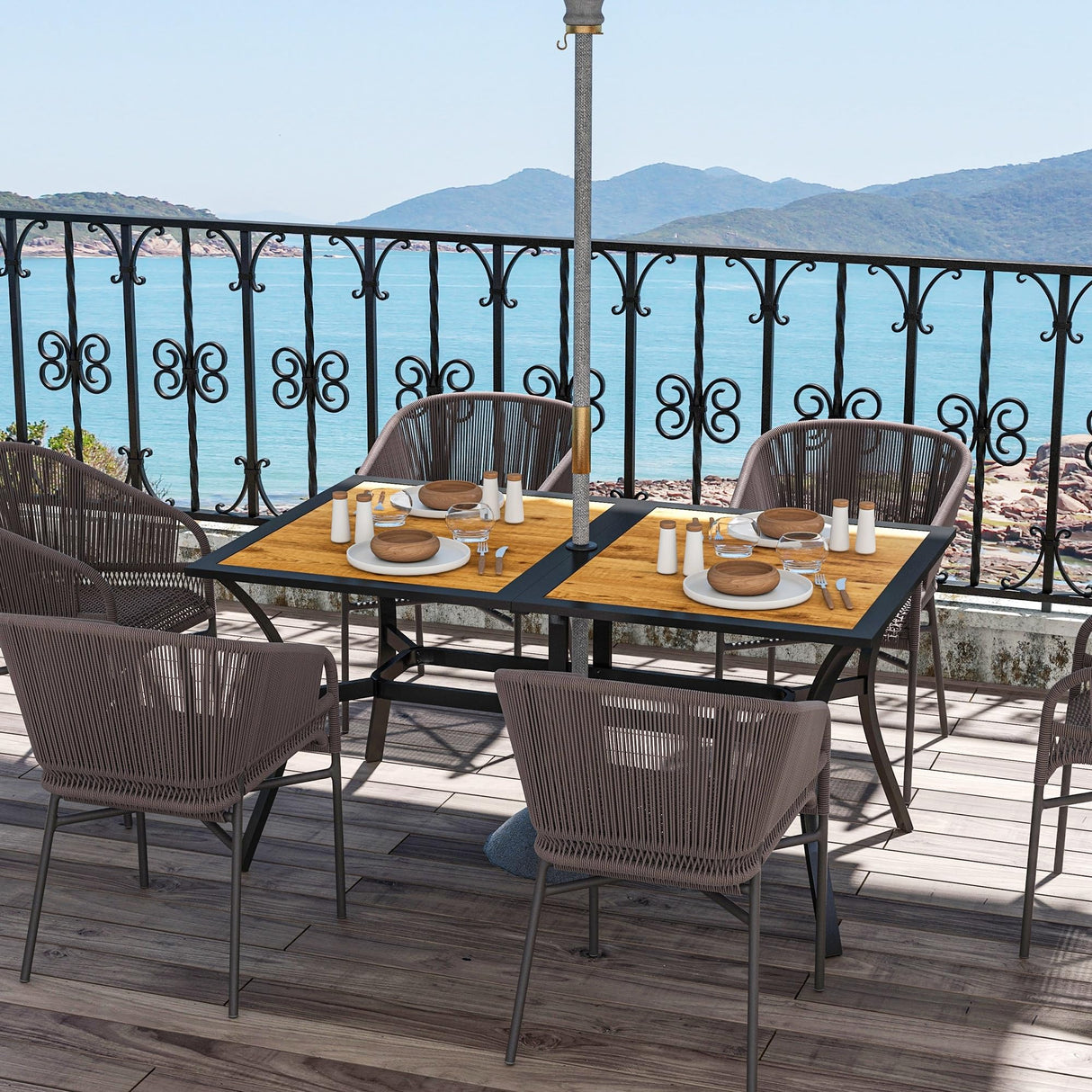 Rectangle Outdoor Dining Table for 6 People, Faux Wood Rectangular Patio Table