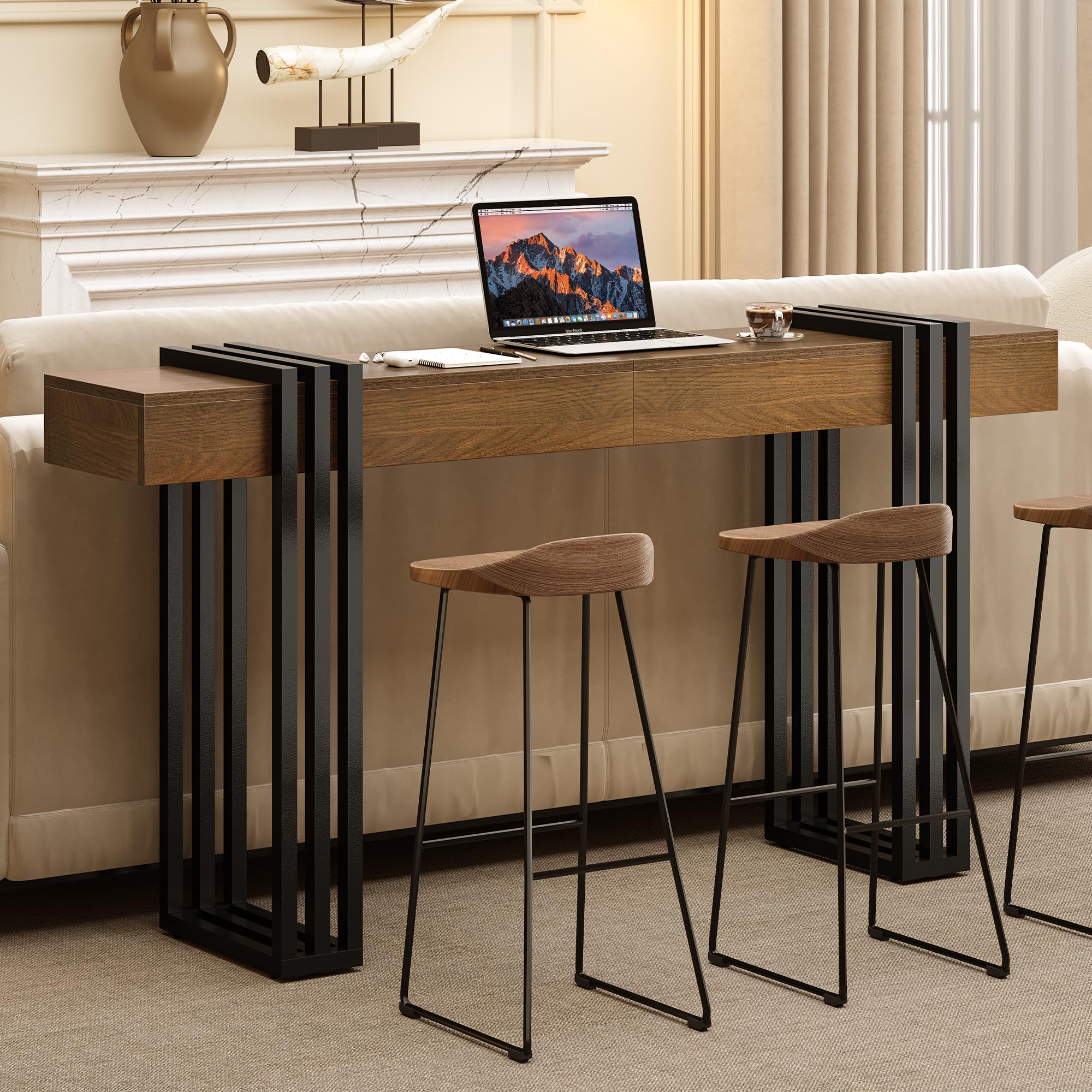 63" Console Table with Power Outlet - Walnut Wood Entryway Table