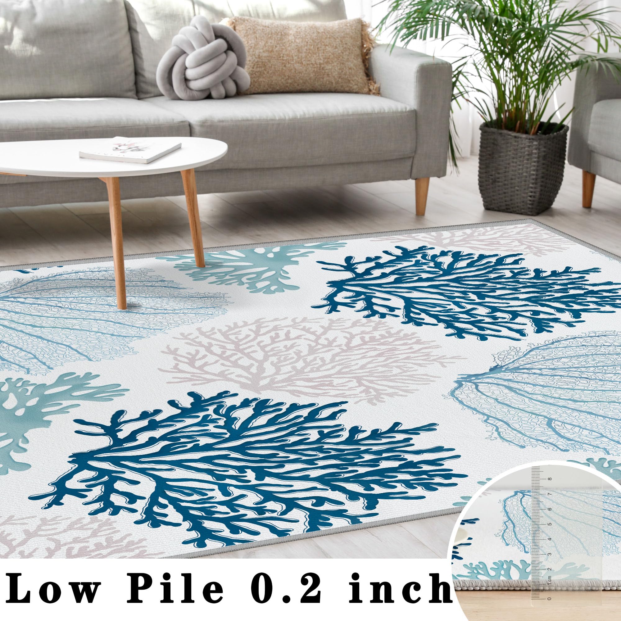 Coastal Area Rug Beach Rugs Non-Slip Nautical Coral Machine Washable Rugs Modern Floor Carpet for Bathroom Laundry Bedroom Living Room, 5x7