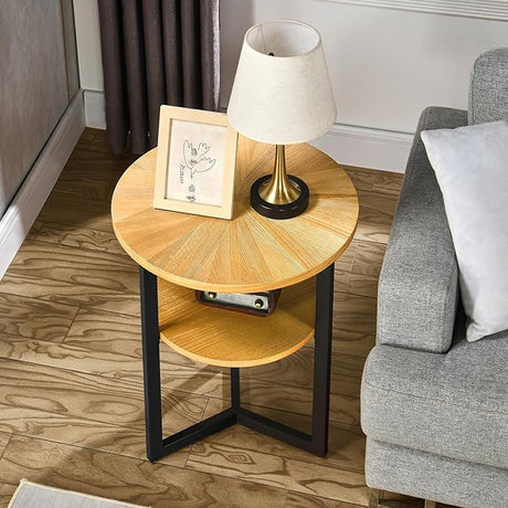 Round End Table with Storage, Solid Wood Sofa Side Table with Metal Frame