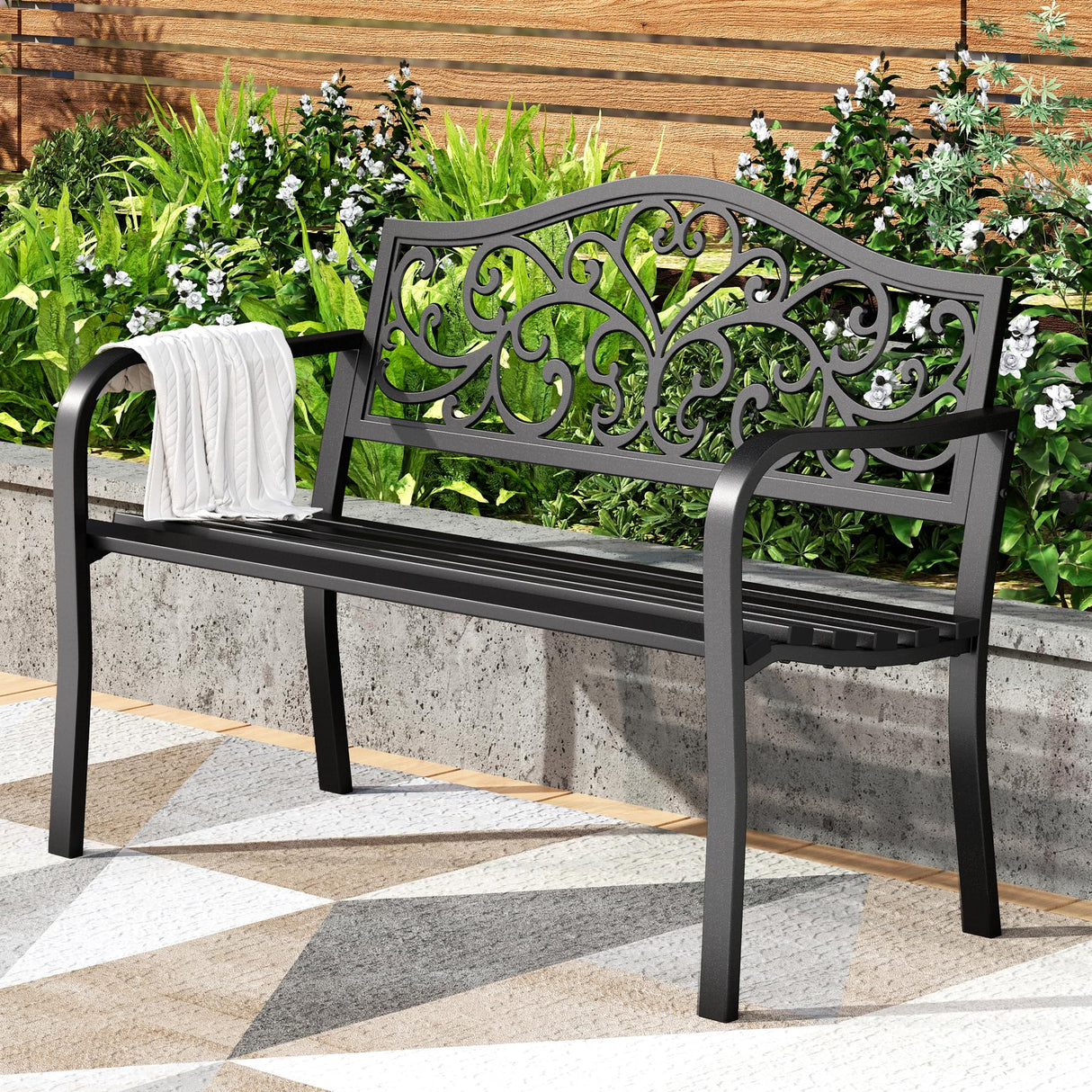 43 Inch Cast Iron Steel Frame Outdoor Garden Bench, Patio Furniture Chair Bench w/Floral