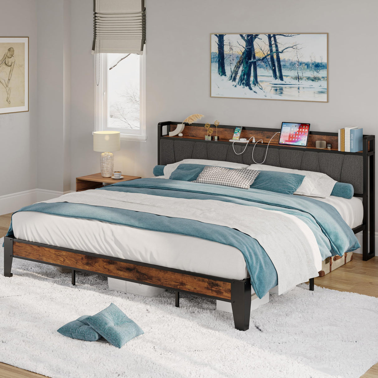 California King Bed Frames, Storage Headboard with Charging Station, Solid and Stable