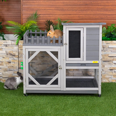 Rabbit Hutch with Balcony - Small Animal House Bunny Cage on Wheels for Indoor Outdoor