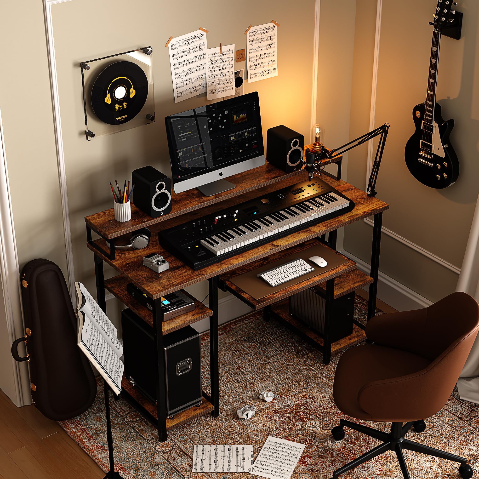 Computer Desk with Keyboard Tray, 47 Inch Office Desk with Monitor Stand and Storage Shelves, Music Studio Desk Workstation, Work Table for Home Office, Rustic Brown