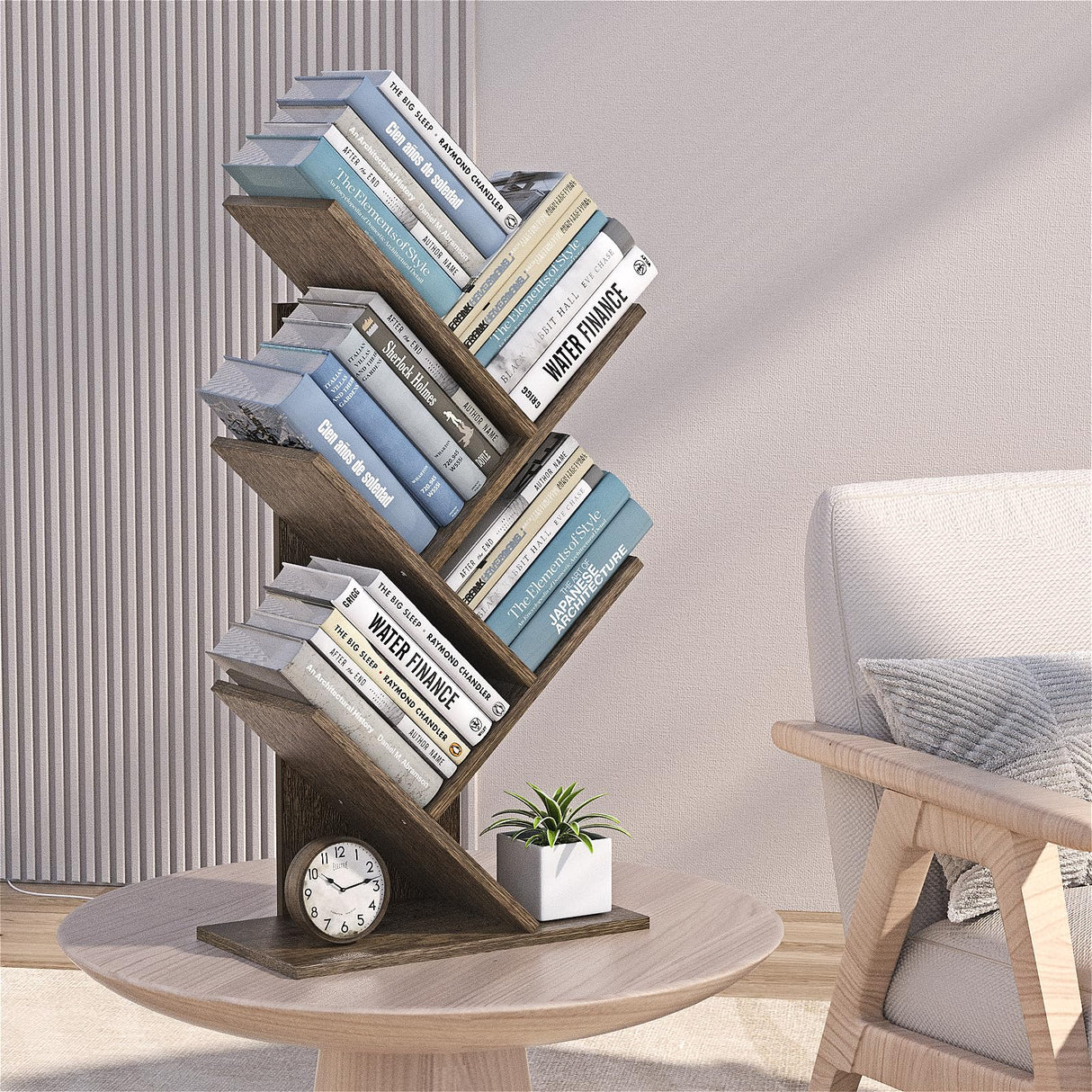 5-Shelf Tree Bookshelf Free Standing Small Book Shelf Narrow Wood Bookcase Floor Standing Book Shelf Modern Book Storage Organizer for Home Office Bedroom Living Room Grey