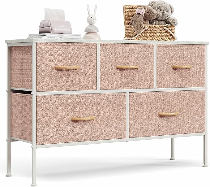 Dresser for Bedroom with 5 Drawers, Fabric Long Dresser, Wide Chest of Drawers,