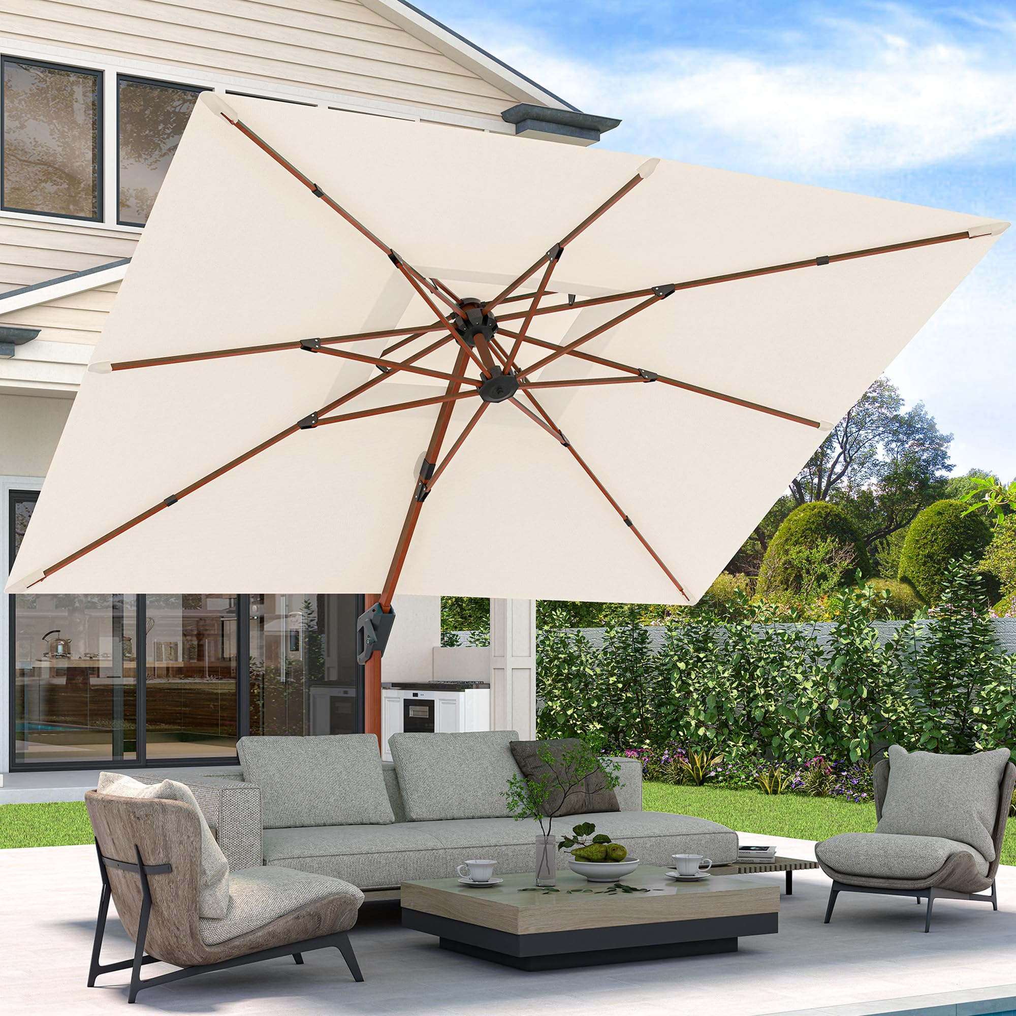 JZAC & QZYD 10 X 13 FT Outdoor Patio Umbrella Deluxe Wood Pattern Cantilever Rectangle Umbrellas with Double Top and 360° Rotation for Pool Deck Backyard Garden, Beige