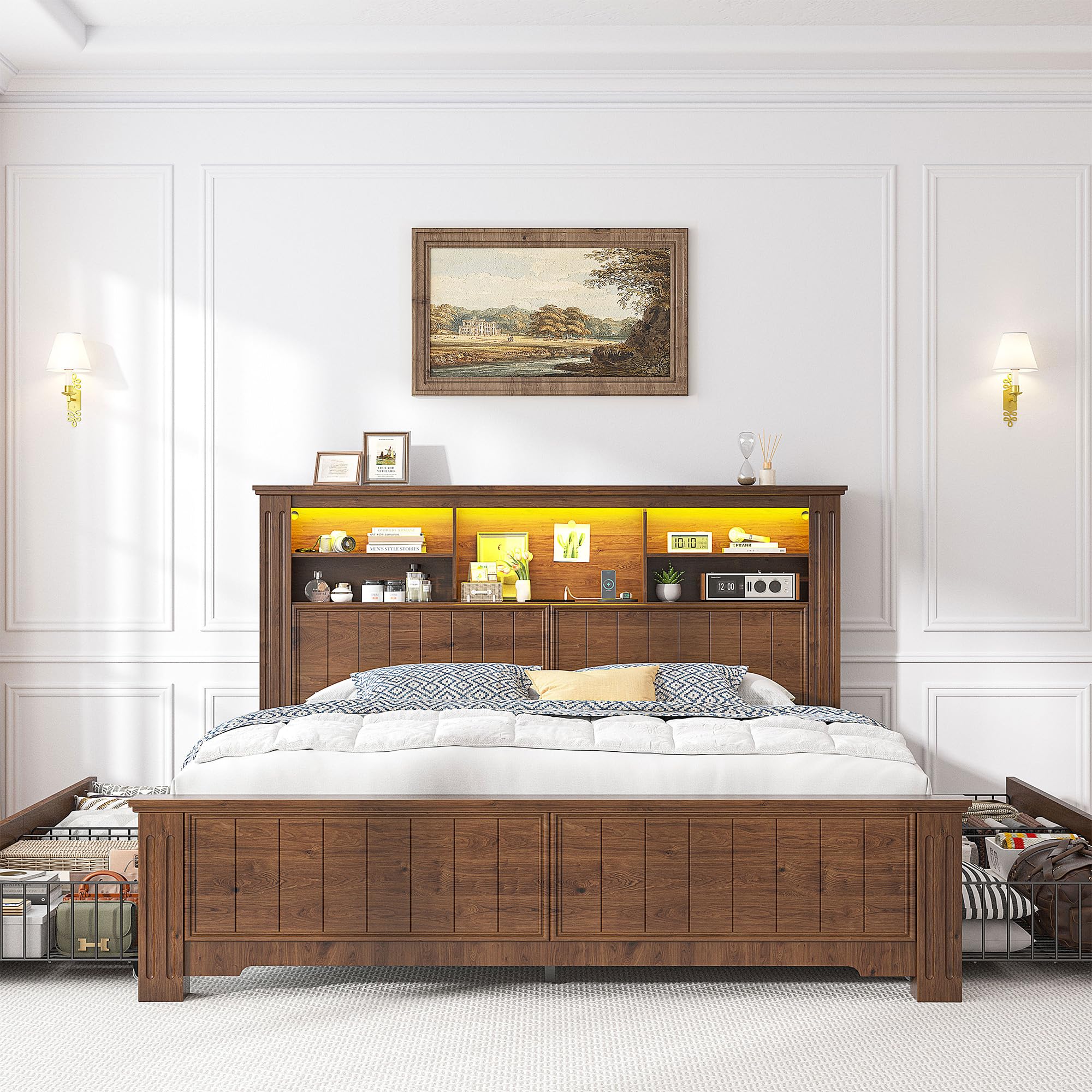 e Bed Frame with Headboard, Full Bed Frame with 4 Drawers USB & LED, Farmhouse
