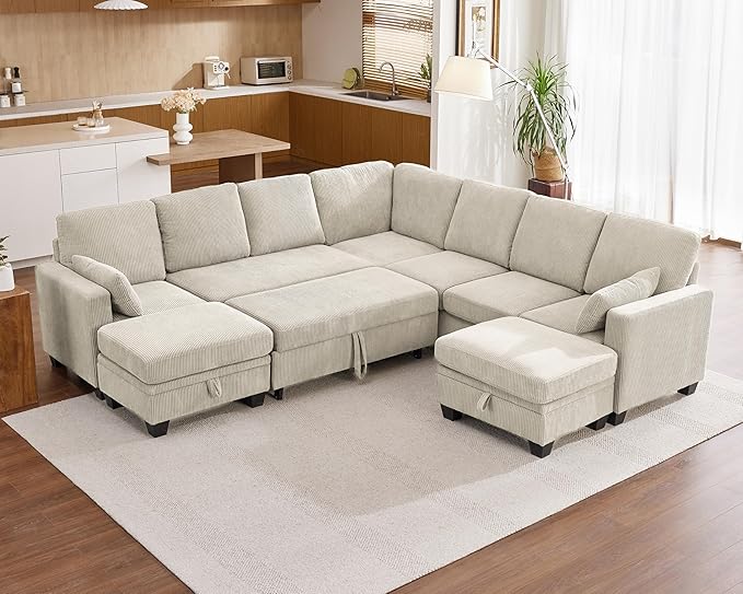 Modular Sofa with Pull Out Bed, Corduroy Sectional Convertible U-Shaped Sleeper