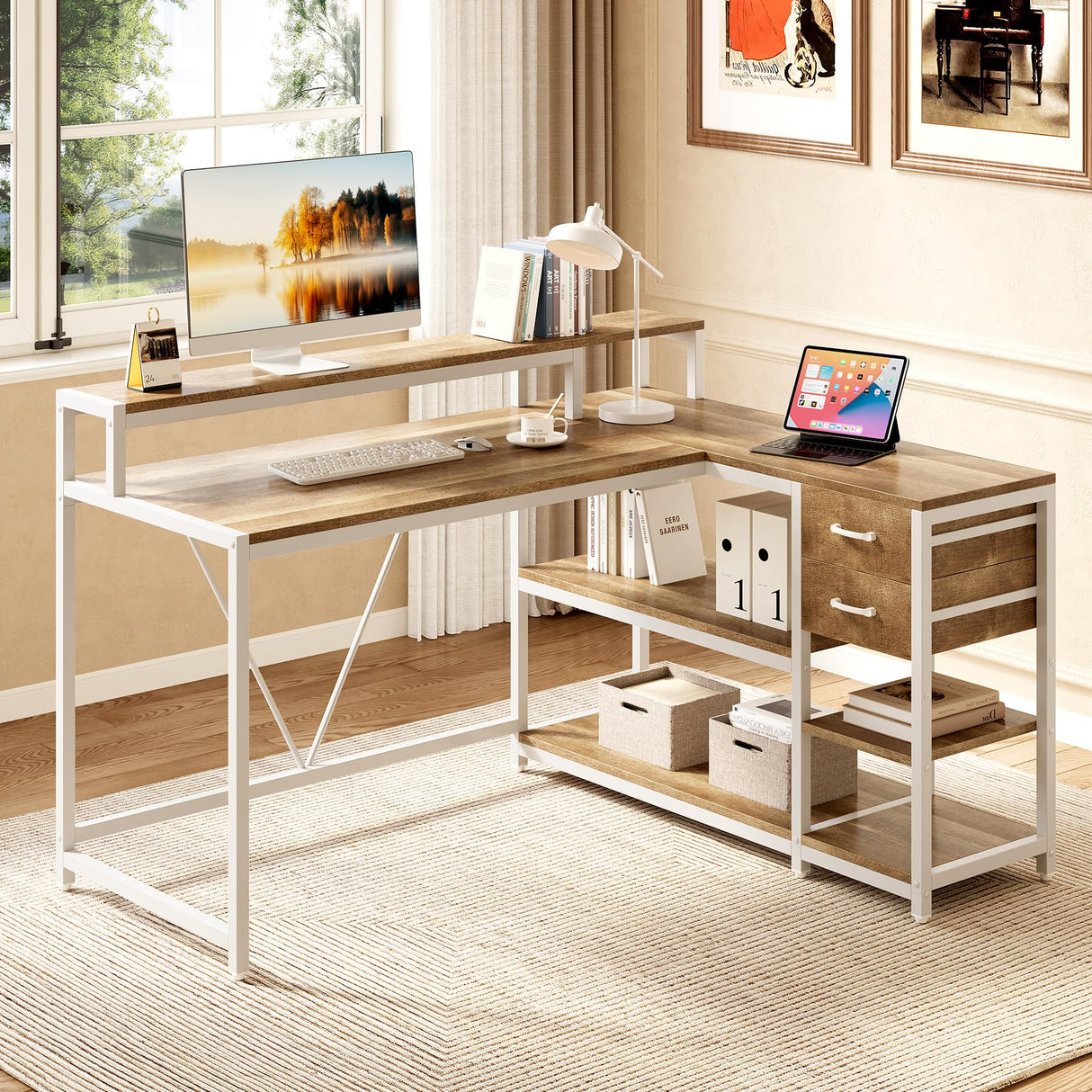 55-Inch L-Shaped Computer Desk, Reversible Computer Desk with Drawers