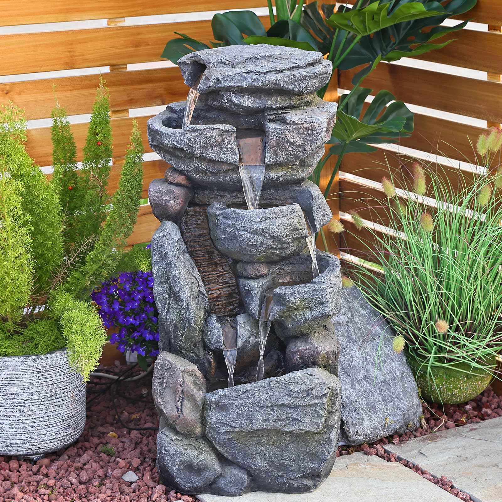 Water Features Outdoor Patio 6-Tier Cascading Rock Water Fountain 31.5''Water Fall