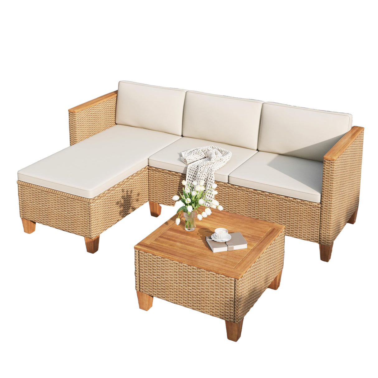 Patio Furniture Set, All Weather 3 Pieces Wicker Outdoor Conversation Sectional Set