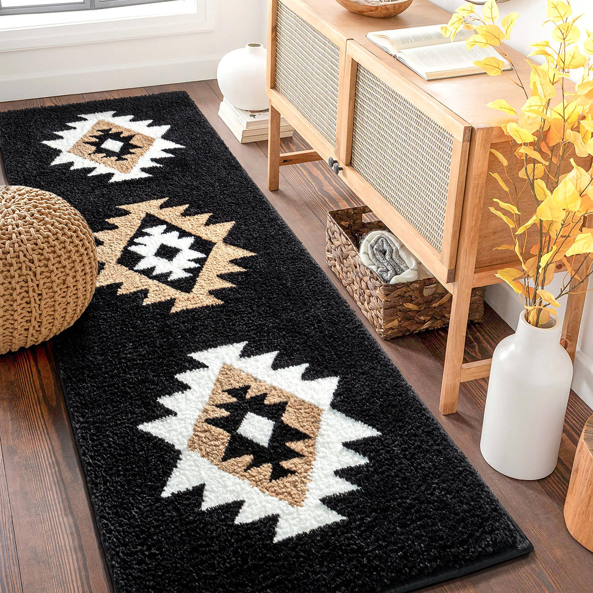 DEXDE Boho Bathroom Rugs Black Aztec Bath Mat Non Slip Long Bathroom Rug Runner Luxury Soft Absorbent Carpet for Bathroom Shower Kitchen Entryway Modern Western 20x47