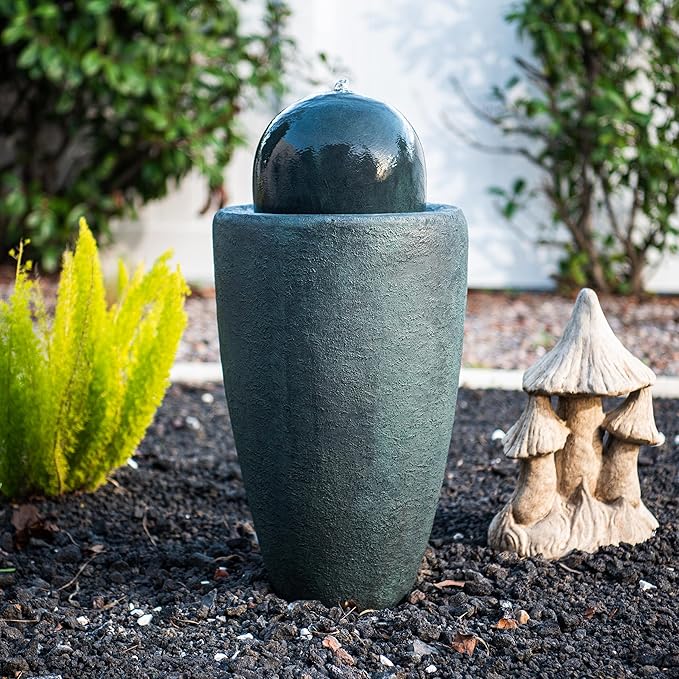 25.98" H Round Stone Indoor/Outdoor Modern Stone Textured Sphere Water Fountain