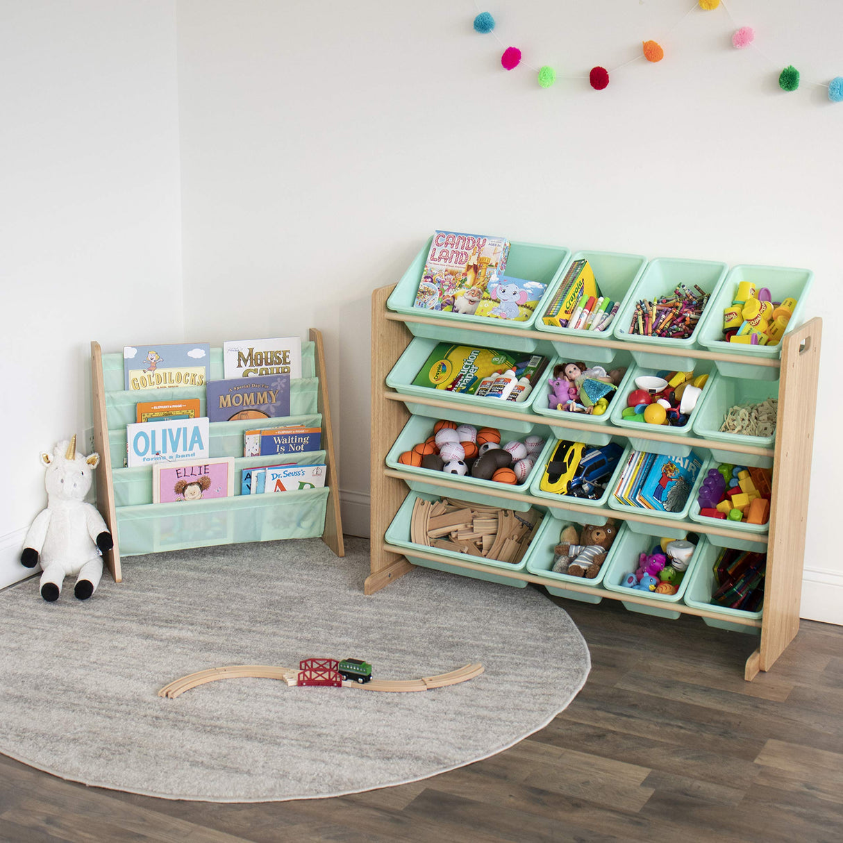 Seafoam Green/Natural Kids Bookshelf 4 Tier Book Organizer