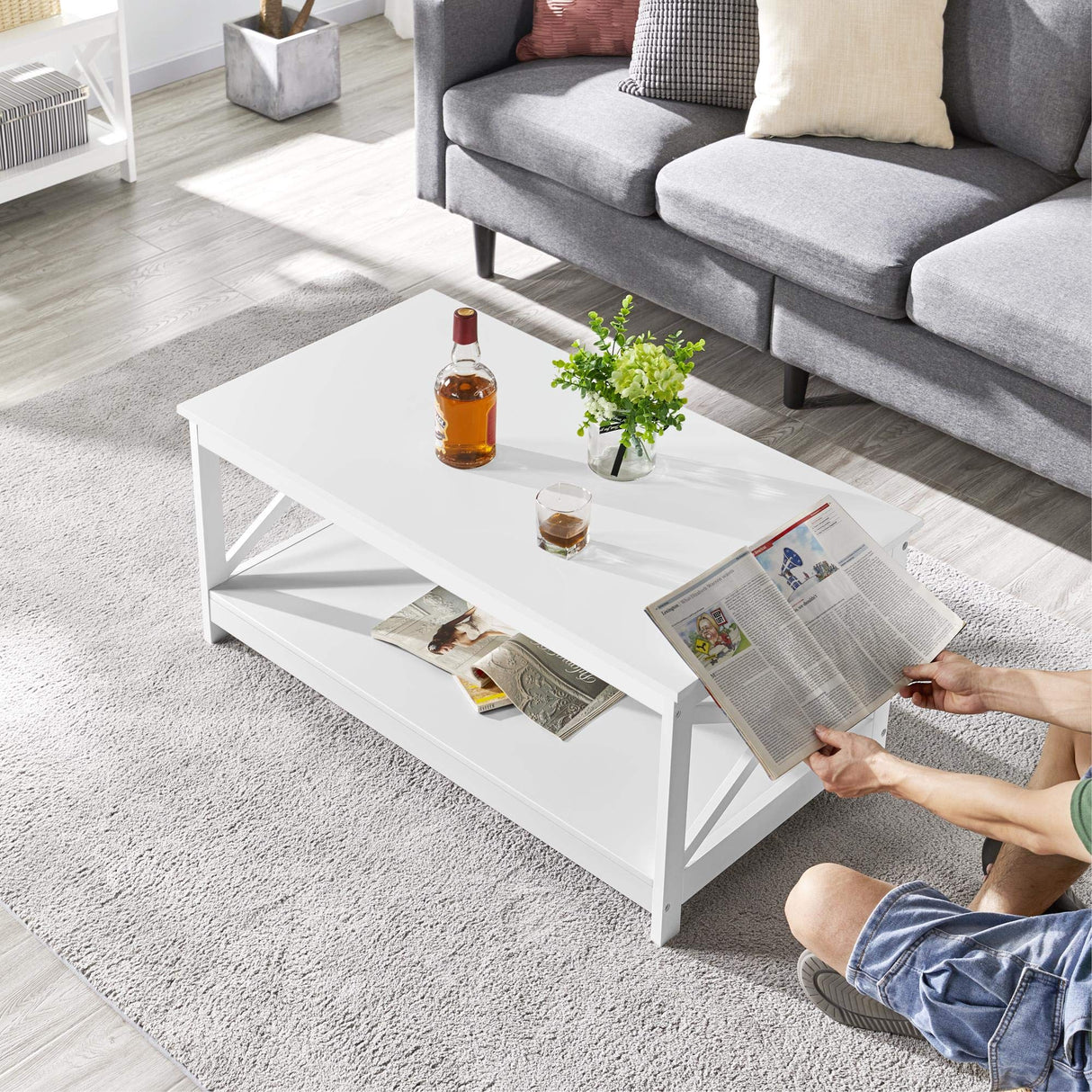 Simple X-Design Cocktail Coffee Table with Storage Shelf, Farmhouse 2-Tier Center Table