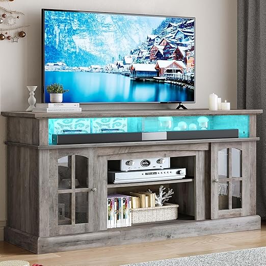 LED Farmhouse TV Stand for TV up to 65" w/Outlets, Highboy Media Entertainment